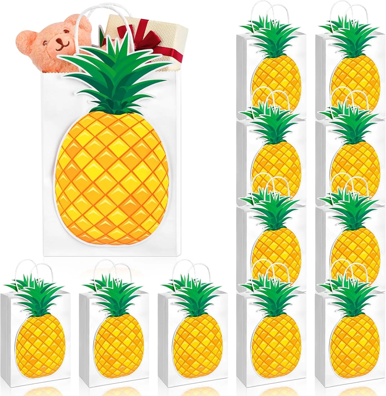 Kolldenn 24 Pack Pineapple Party Favor Bags with 48 Pcs Paper Cards and Handles for Luau Hawaii Party, Gift Goody Treat Candy Bags for Tropical Themed Unisex Summer Supplies