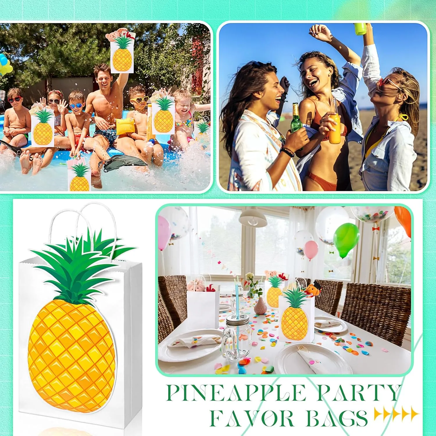 Kolldenn 24 Pack Pineapple Party Favor Bags with 48 Pcs Paper Cards and Handles for Luau Hawaii Party, Gift Goody Treat Candy Bags for Tropical Themed Unisex Summer Supplies