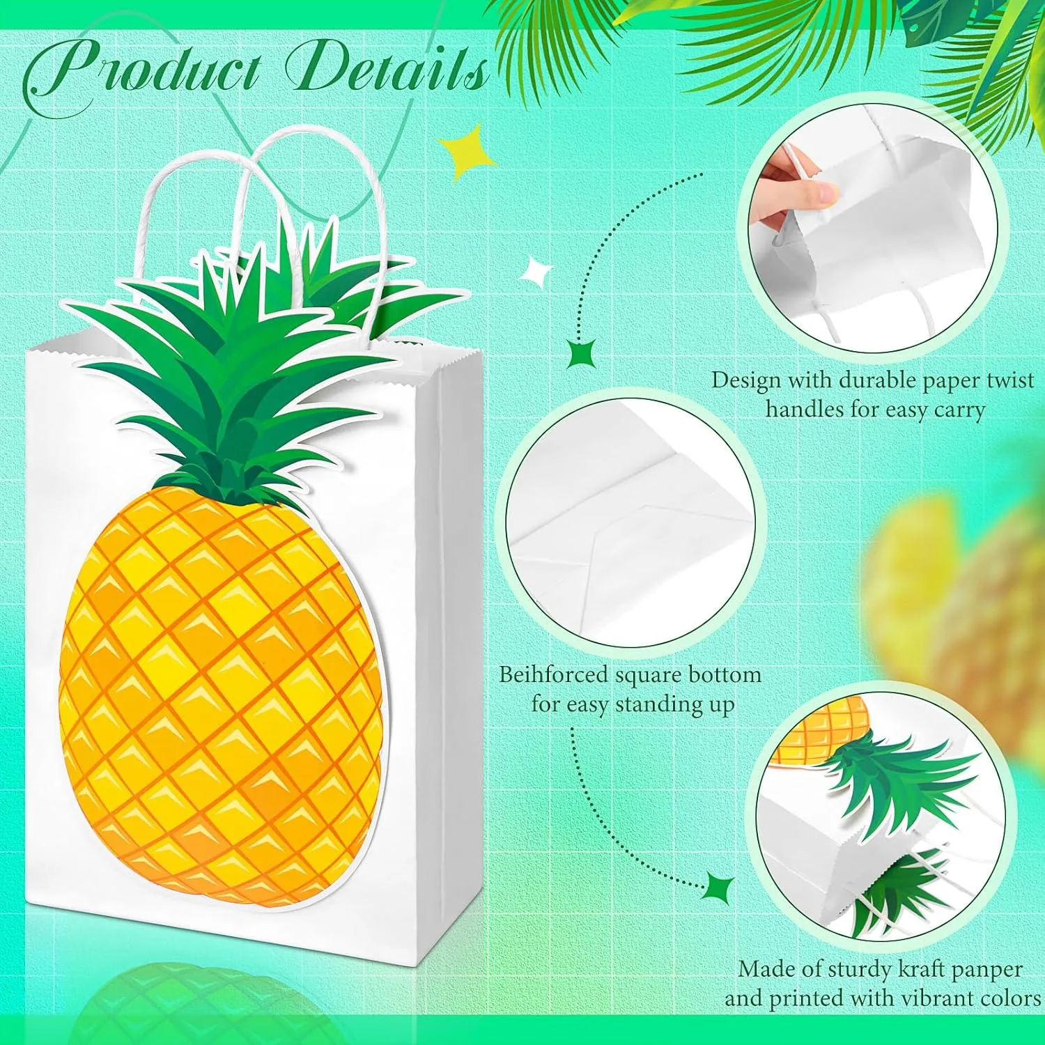 Kolldenn 24 Pack Pineapple Party Favor Bags with 48 Pcs Paper Cards and Handles for Luau Hawaii Party, Gift Goody Treat Candy Bags for Tropical Themed Unisex Summer Supplies