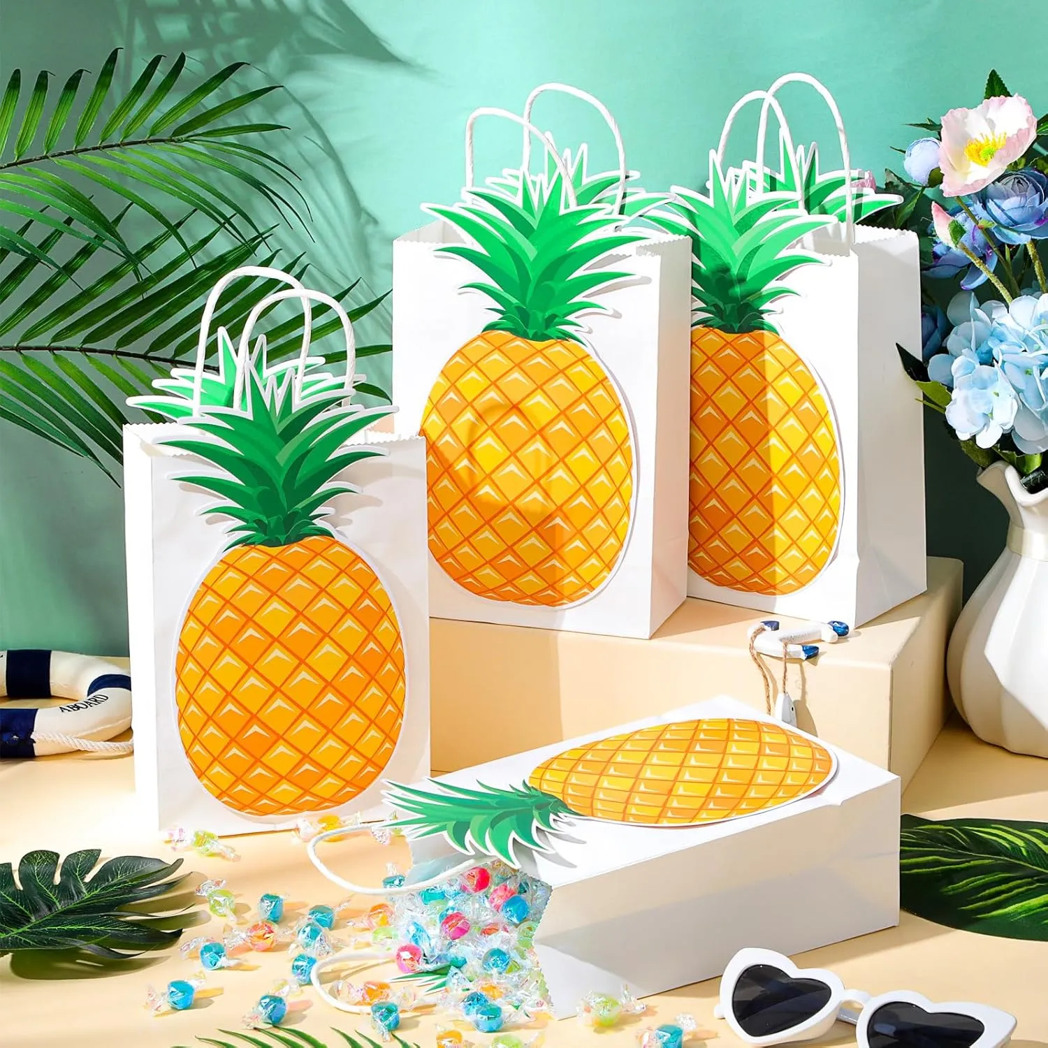 Kolldenn 24 Pack Pineapple Party Favor Bags with 48 Pcs Paper Cards and Handles for Luau Hawaii Party, Gift Goody Treat Candy Bags for Tropical Themed Unisex Summer Supplies