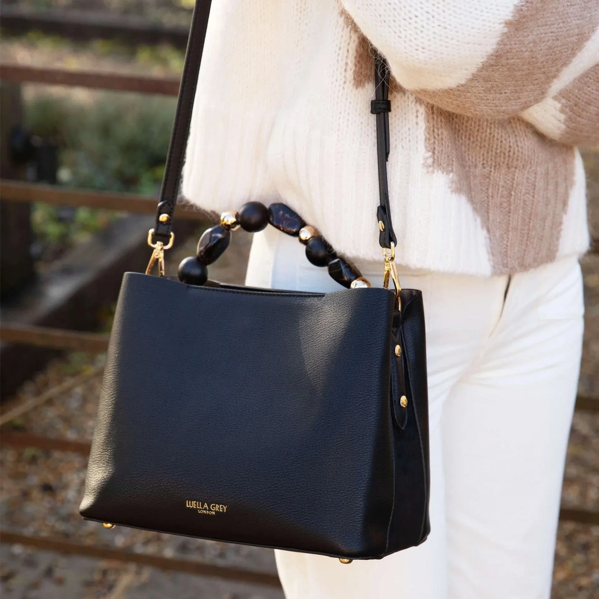 Luella Grey Danielle Beaded Handle Crossbody Tote in Black