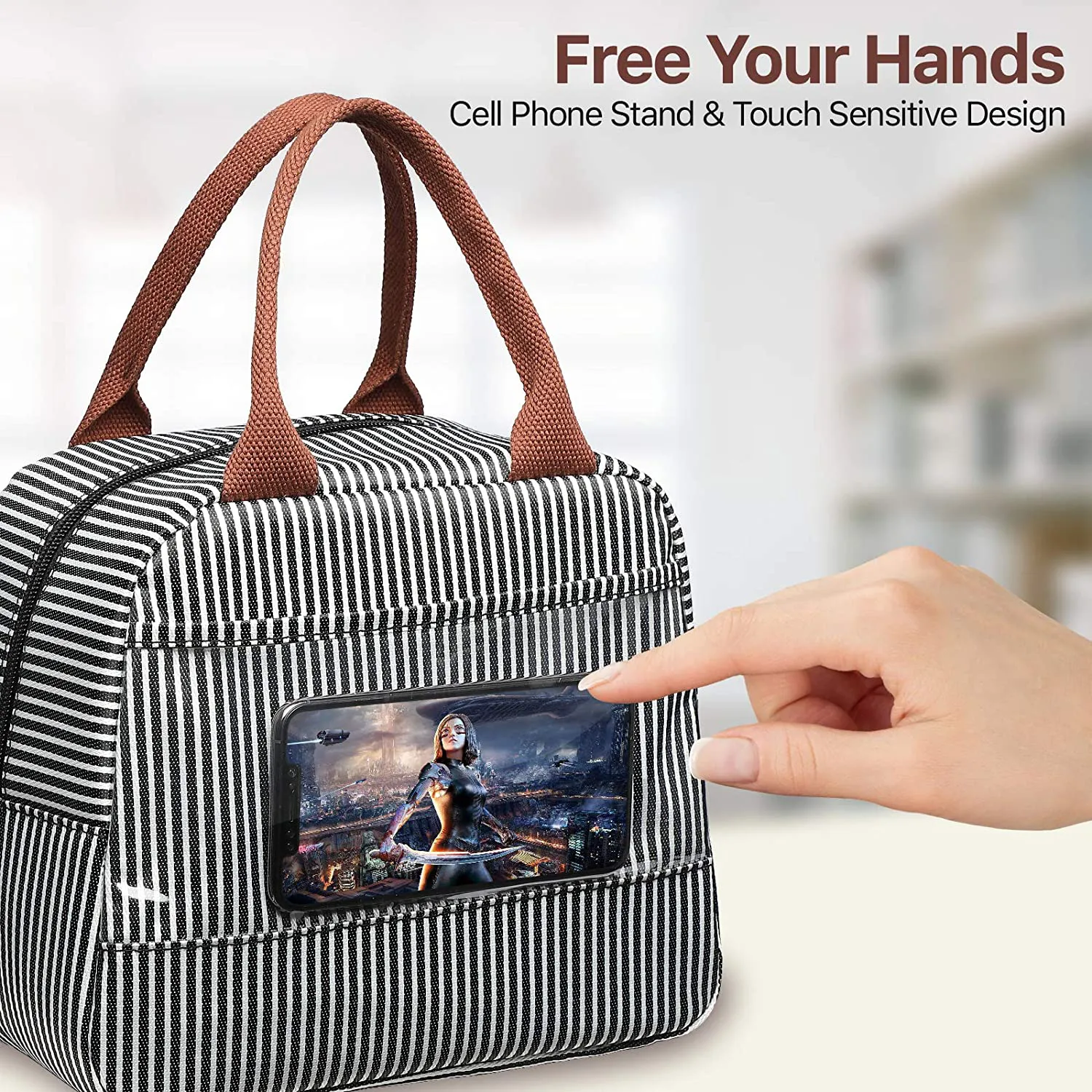 Lunch Bag, Bagseri Insulated Lunch Bags for Women and Men, with Transparent Phone Holder Pocket, Reusable Lunch Cooler Box Thermal Organizer, Water-resistant Lining (Black White Stripe)