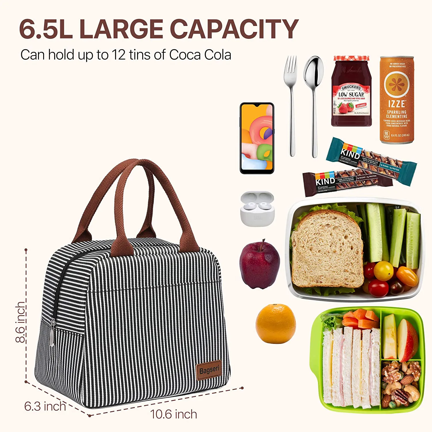 Lunch Bag, Bagseri Insulated Lunch Bags for Women and Men, with Transparent Phone Holder Pocket, Reusable Lunch Cooler Box Thermal Organizer, Water-resistant Lining (Black White Stripe)