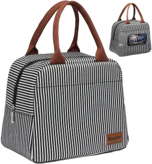 Lunch Bag, Bagseri Insulated Lunch Bags for Women and Men, with Transparent Phone Holder Pocket, Reusable Lunch Cooler Box Thermal Organizer, Water-resistant Lining (Black White Stripe)
