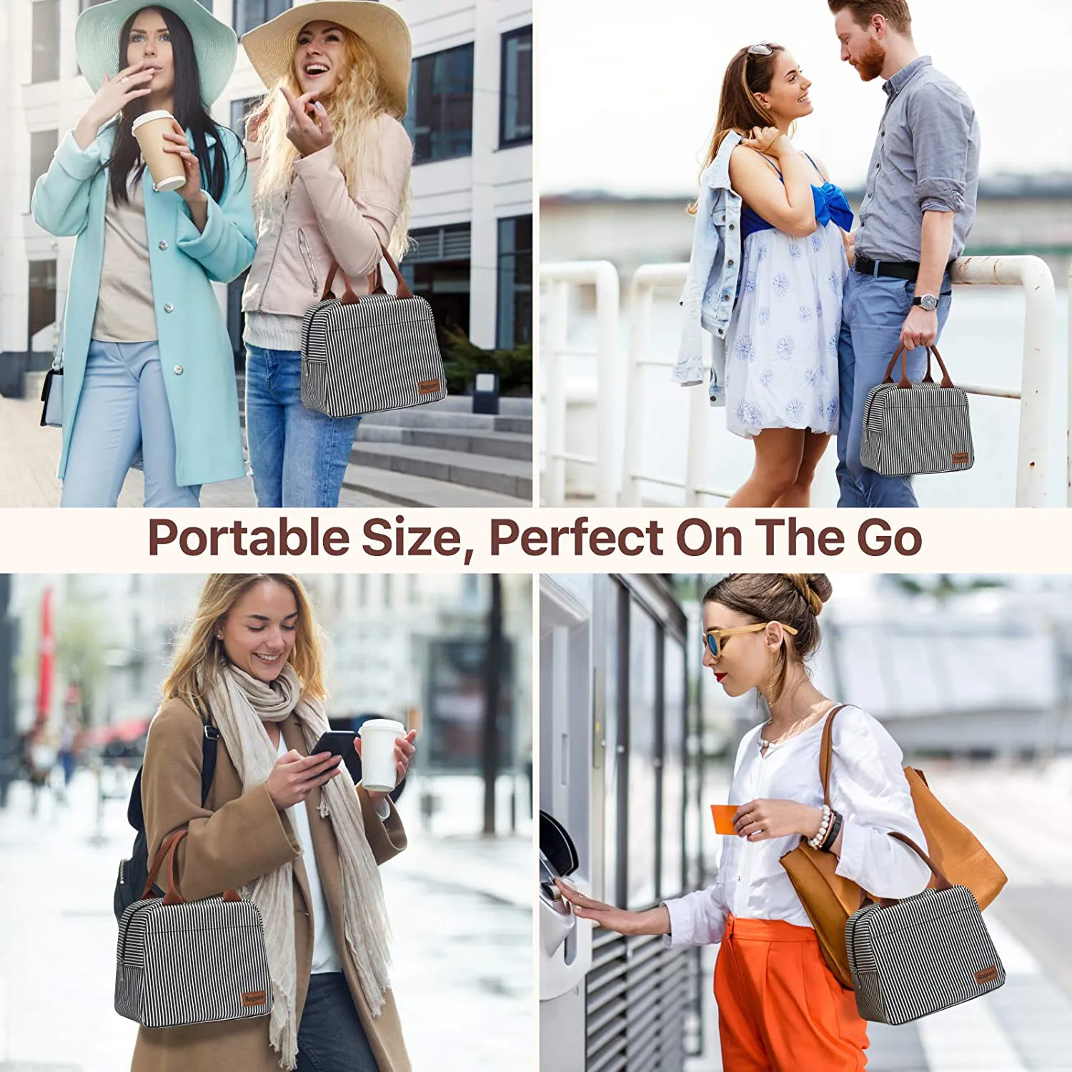 Lunch Bag, Bagseri Insulated Lunch Bags for Women and Men, with Transparent Phone Holder Pocket, Reusable Lunch Cooler Box Thermal Organizer, Water-resistant Lining (Black White Stripe)