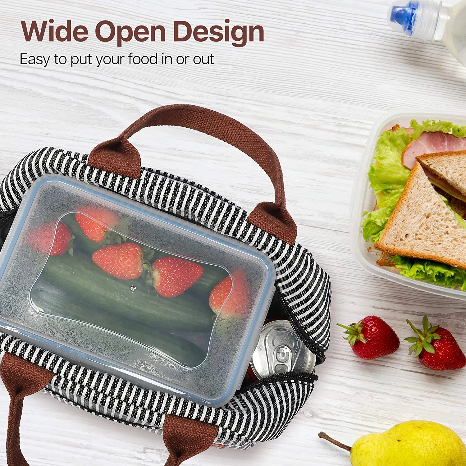 Lunch Bag, Bagseri Insulated Lunch Bags for Women and Men, with Transparent Phone Holder Pocket, Reusable Lunch Cooler Box Thermal Organizer, Water-resistant Lining (Black White Stripe)