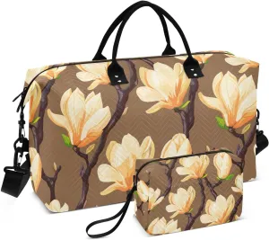 Magnolias Branch Floral Mocha Sports Gym Bag for Women Men Travel Duffel Bag Weekend Overnight Carry on Bag with Toiletry Bag Training Handbag for Plane Hospital Swimming Yoga Workout