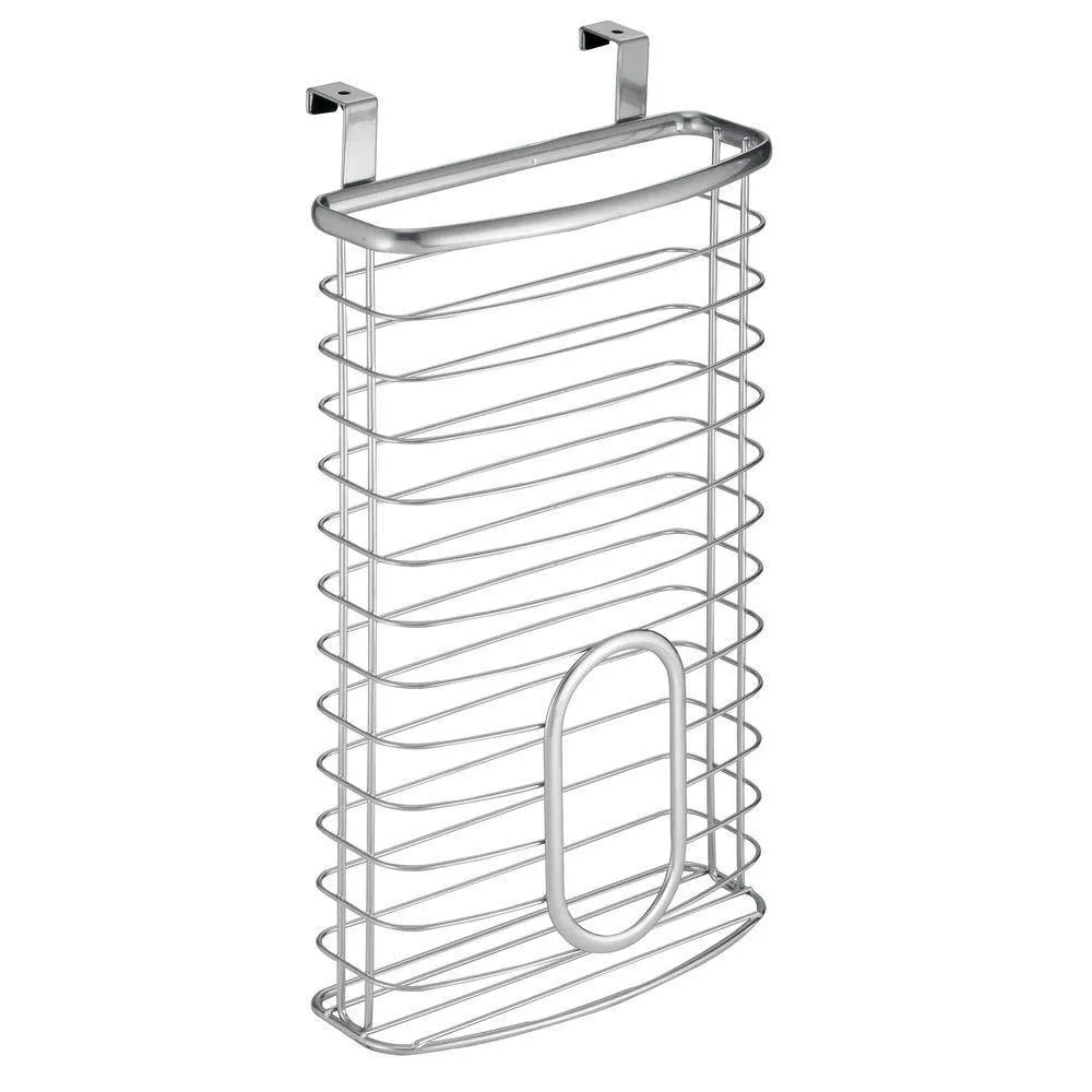 mDesign Metal Over Cabinet Kitchen Storage Organizer Holder or Basket - Hang Over Cabinet Doors in Kitchen/Pantry - Holds up to 50 Plastic Shopping Bags - Silver