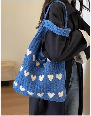 New Pokn Crochet Tote Bag Heart Tote Shoulder Bag Heart Bag Hobo Bag Y2k Knit