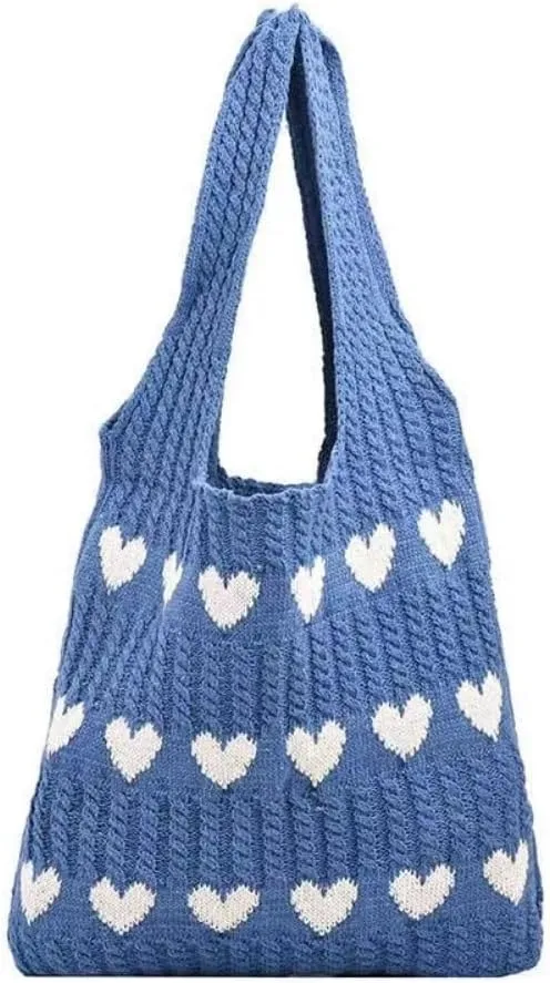 New Pokn Crochet Tote Bag Heart Tote Shoulder Bag Heart Bag Hobo Bag Y2k Knit
