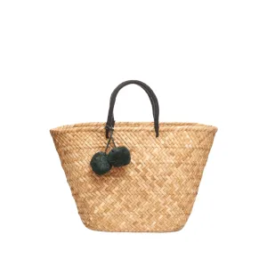 Oversized St Tropez Pom Pom Straw Tote in Black