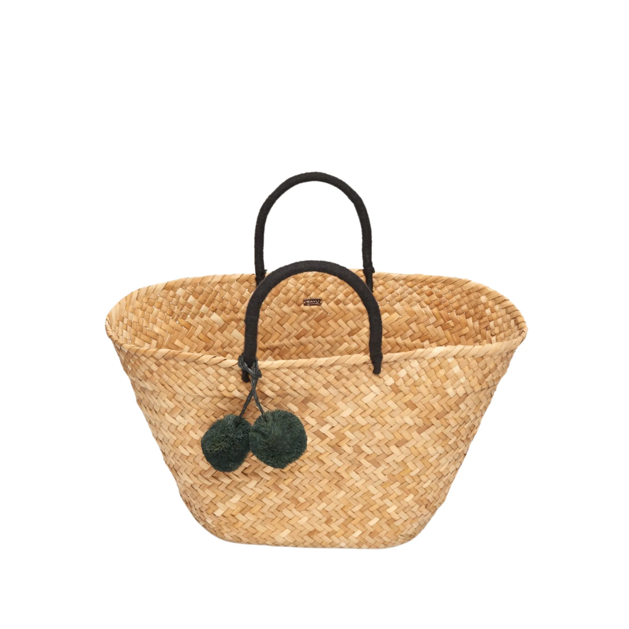 Oversized St Tropez Pom Pom Straw Tote in Black