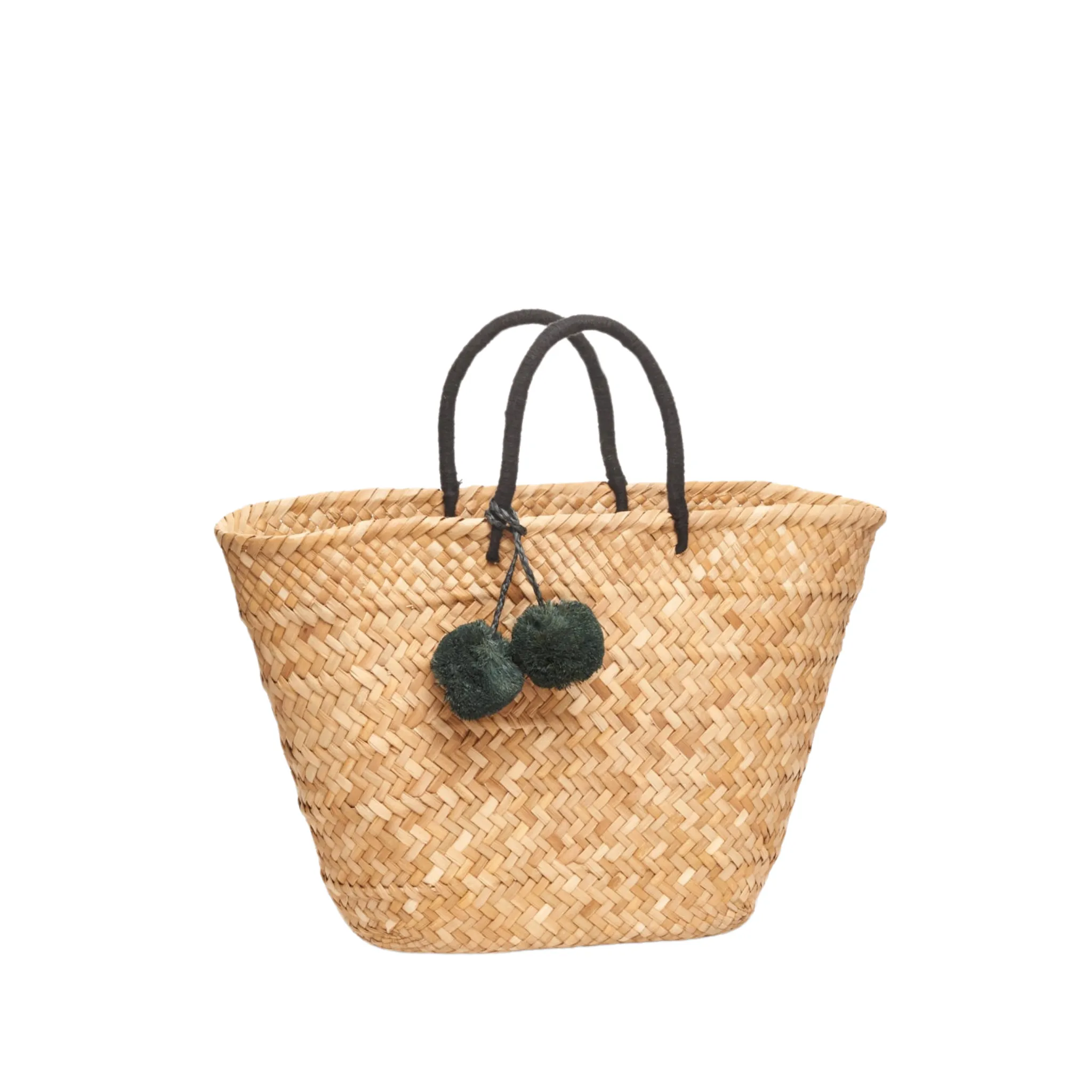 Oversized St Tropez Pom Pom Straw Tote in Black