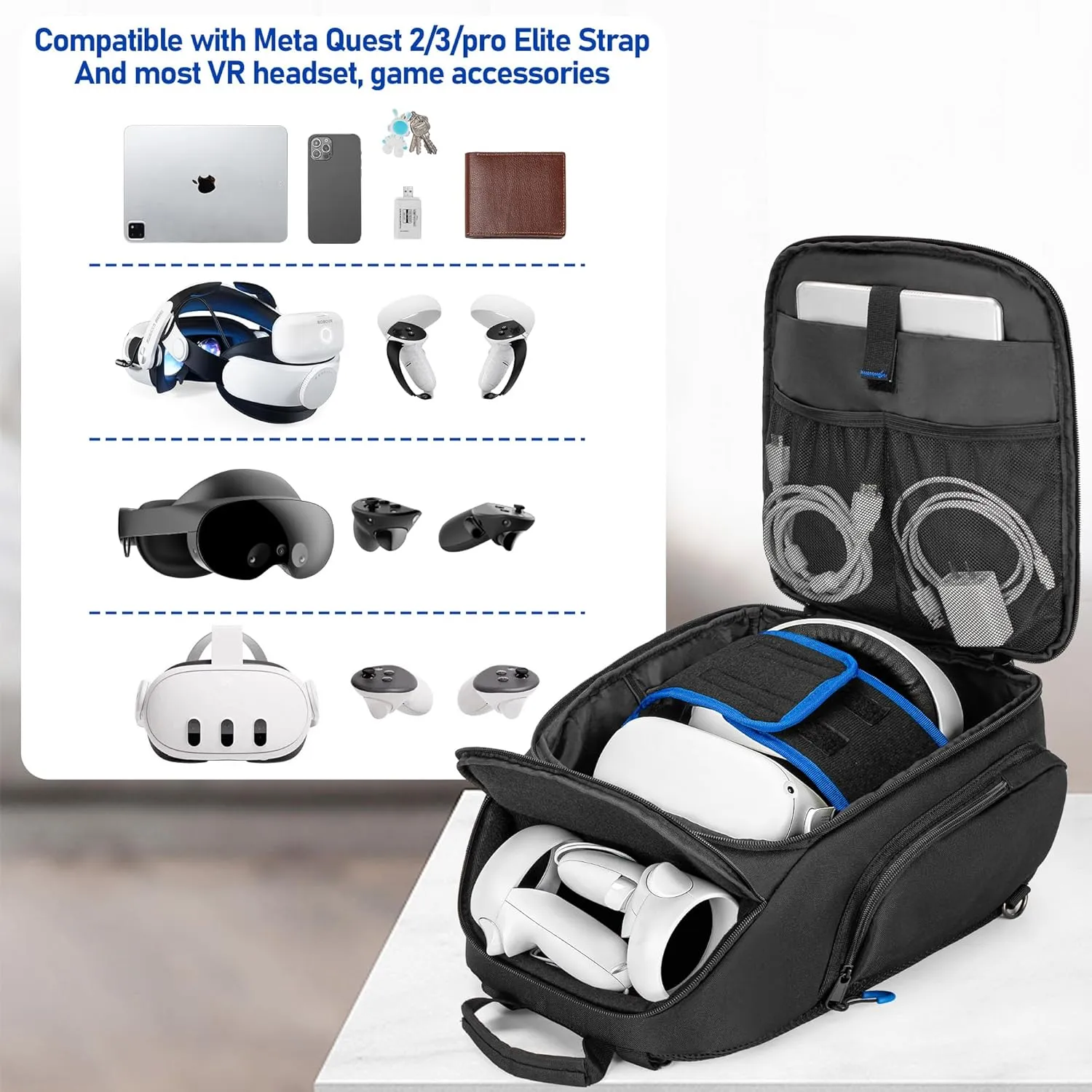 PGmoon Carrying Case Compatible with Oculus Meta Quest 2/Quest 3/Quest 3S/VR Elite Strap, Travel Storage Bag Backpack with Separate Room for Touch Controllers and Multi-Pockets (Patent Design)