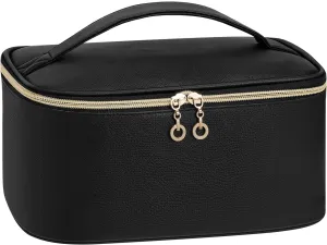 senbowe Travel Makeup Bag, Large Capacity Cosmetic Bags for Women,Portable Waterproof Leather Toiletry Bag Make Up Organizer Bag with Divider and Handle