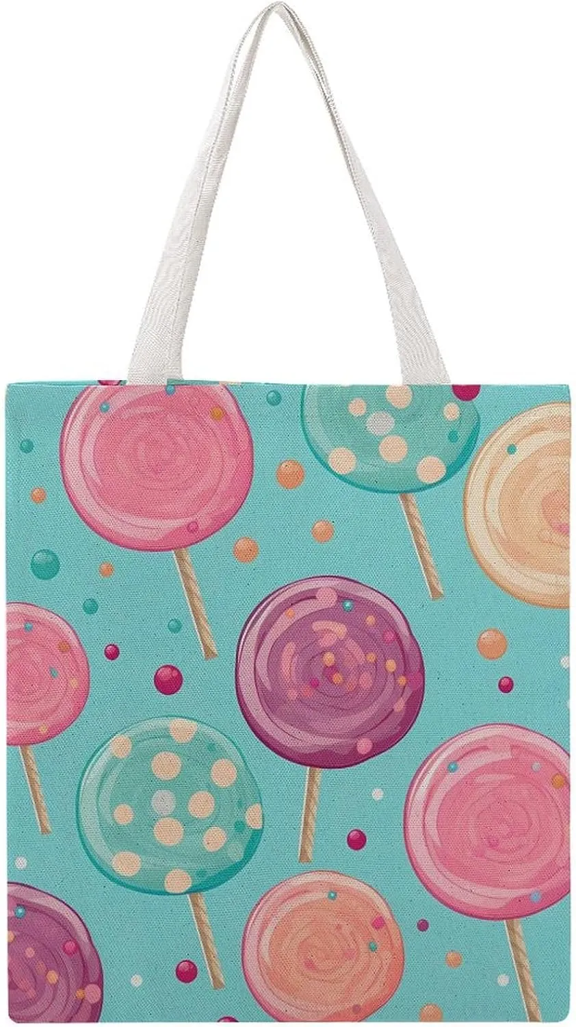 Sweet Treats Lollipops Canvas Tote Bags Lightweight Grocery Shopping Cloth Bags Shoulder Handbag for Women