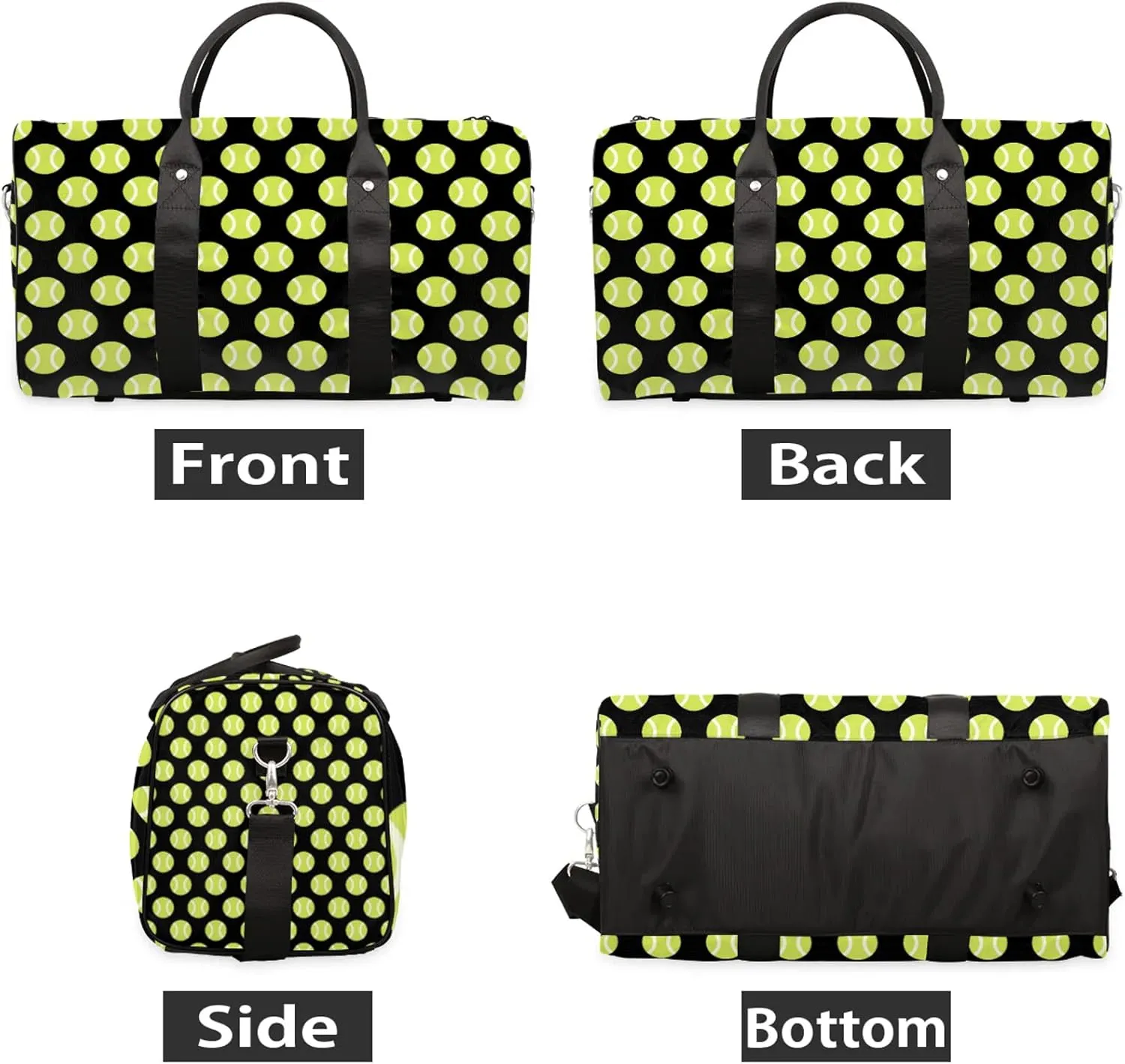 Tennis Ball Travel Duffle Bag, Weekender Bags for Women Men Sports Theme Black Carry on Overnight Bag Waterproof Gym Bags, Hospital Bag for Labor and Delivery