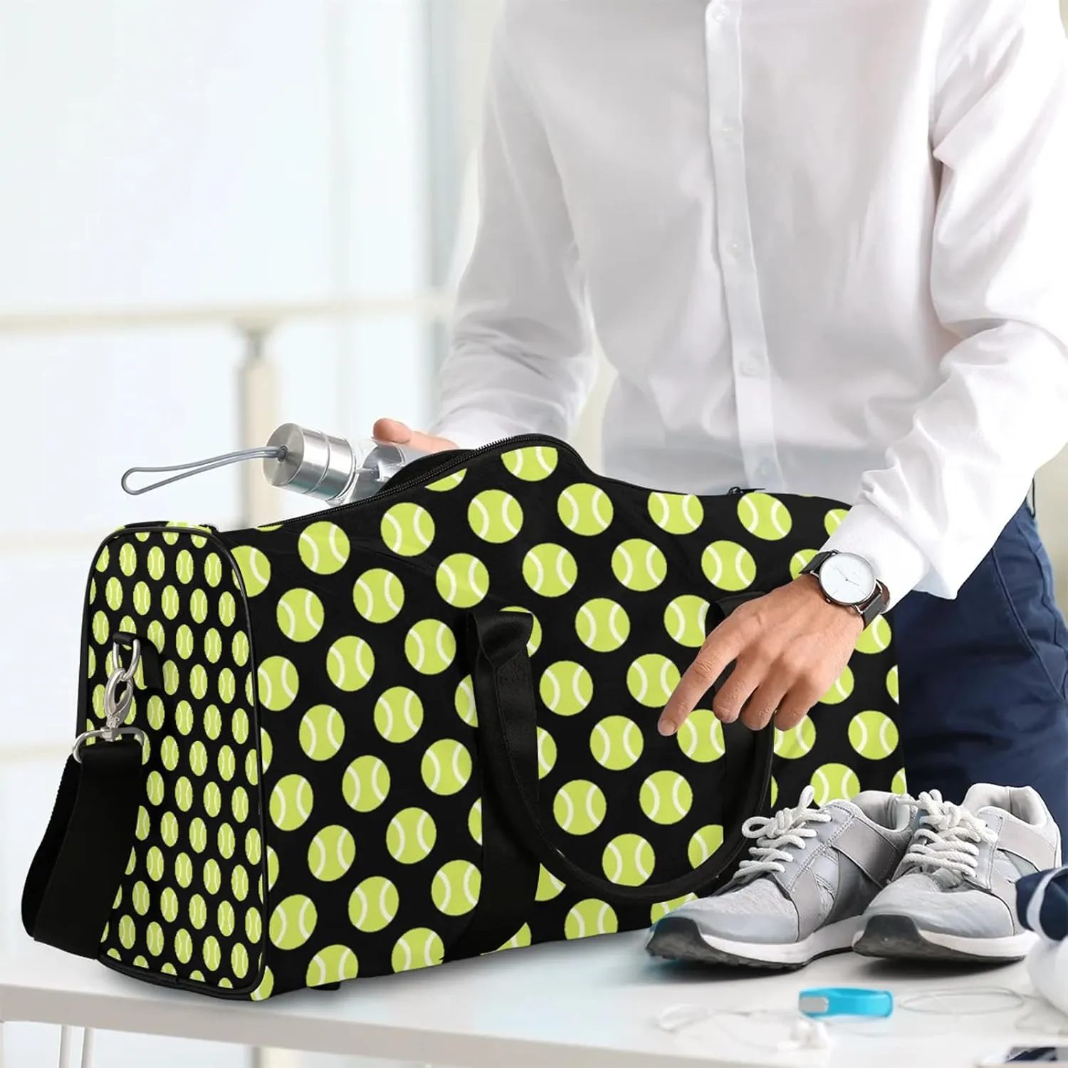 Tennis Ball Travel Duffle Bag, Weekender Bags for Women Men Sports Theme Black Carry on Overnight Bag Waterproof Gym Bags, Hospital Bag for Labor and Delivery