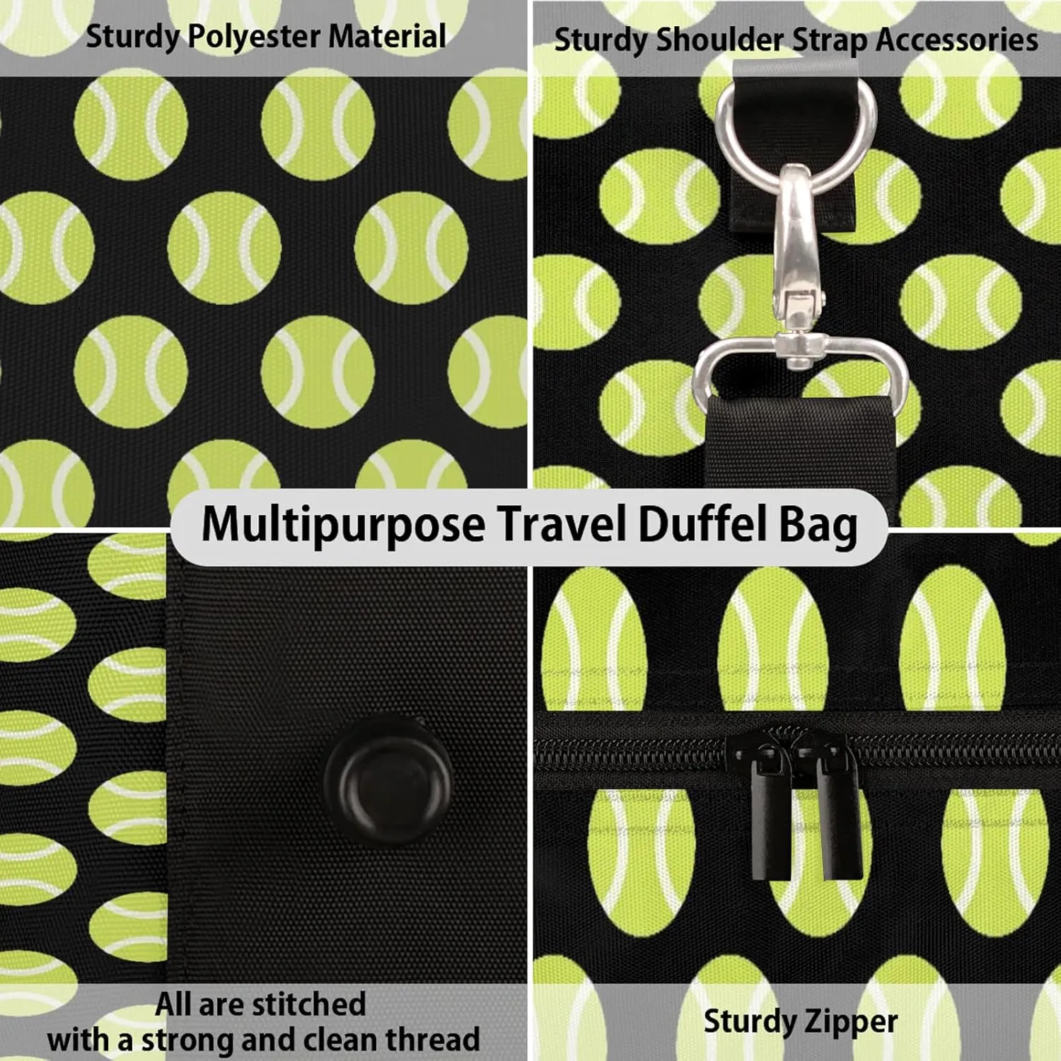 Tennis Ball Travel Duffle Bag, Weekender Bags for Women Men Sports Theme Black Carry on Overnight Bag Waterproof Gym Bags, Hospital Bag for Labor and Delivery