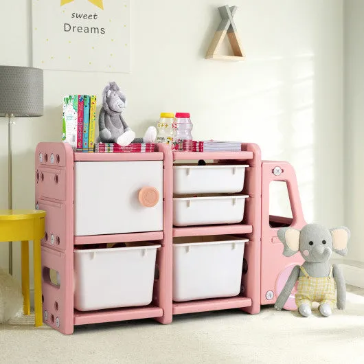 Toddler Truck Storage Organizer With Plastic Bins-Pink