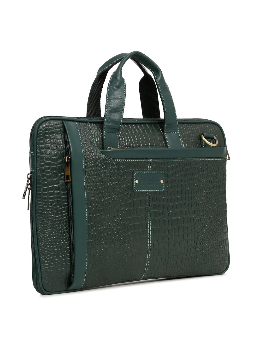 Unisex Green Croco Leather Laptop Bag