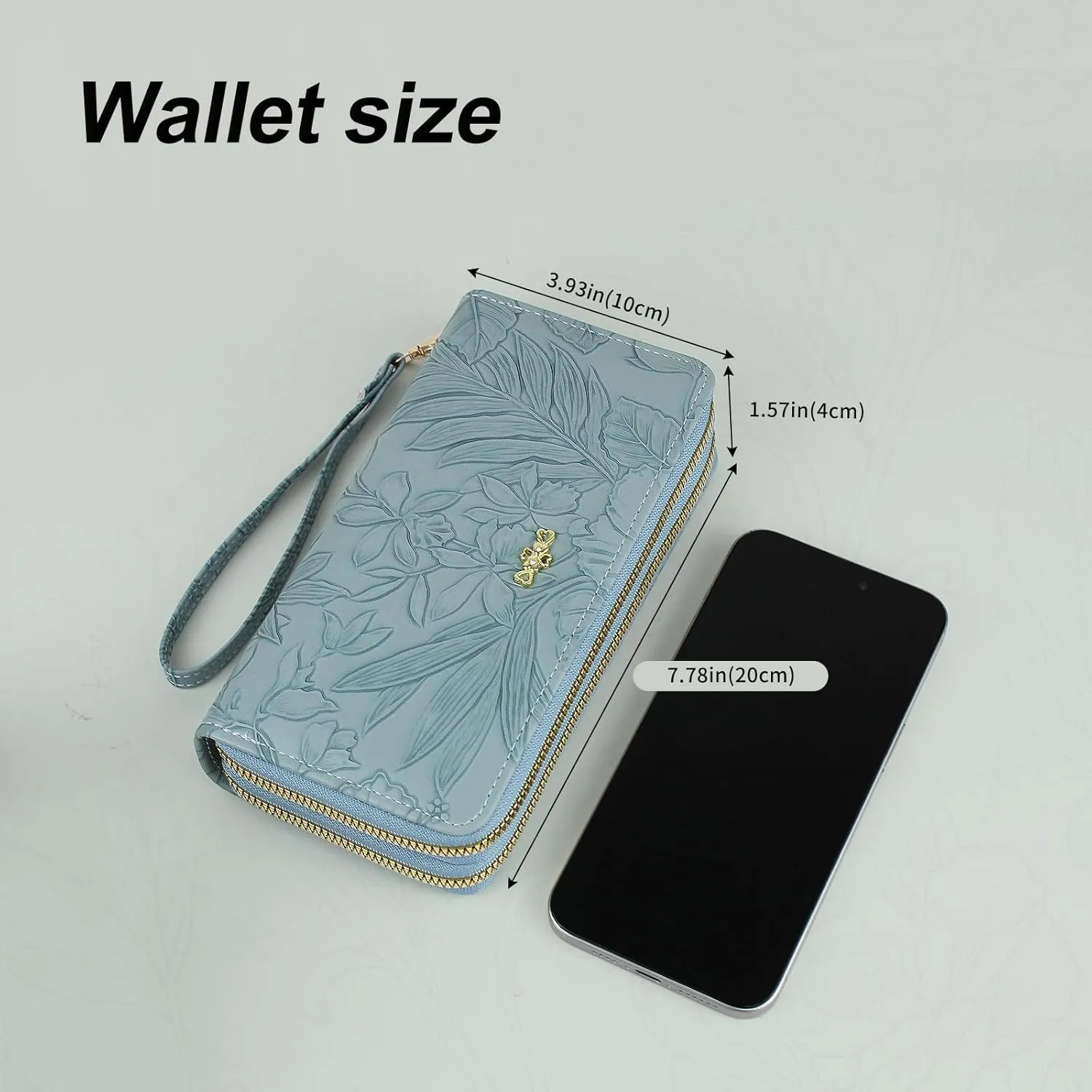 Wallet Women, Large Capacity Double Zip Clutch Wallets for Women PU Leather Credit Card Holder with Wrist Strap (Blue)