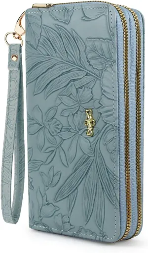Wallet Women, Large Capacity Double Zip Clutch Wallets for Women PU Leather Credit Card Holder with Wrist Strap (Blue)