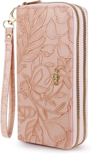 Wallet Women, Large Capacity Double Zip Clutch Wallets for Women PU Leather Credit Card Holder with Wrist Strap (Pink)