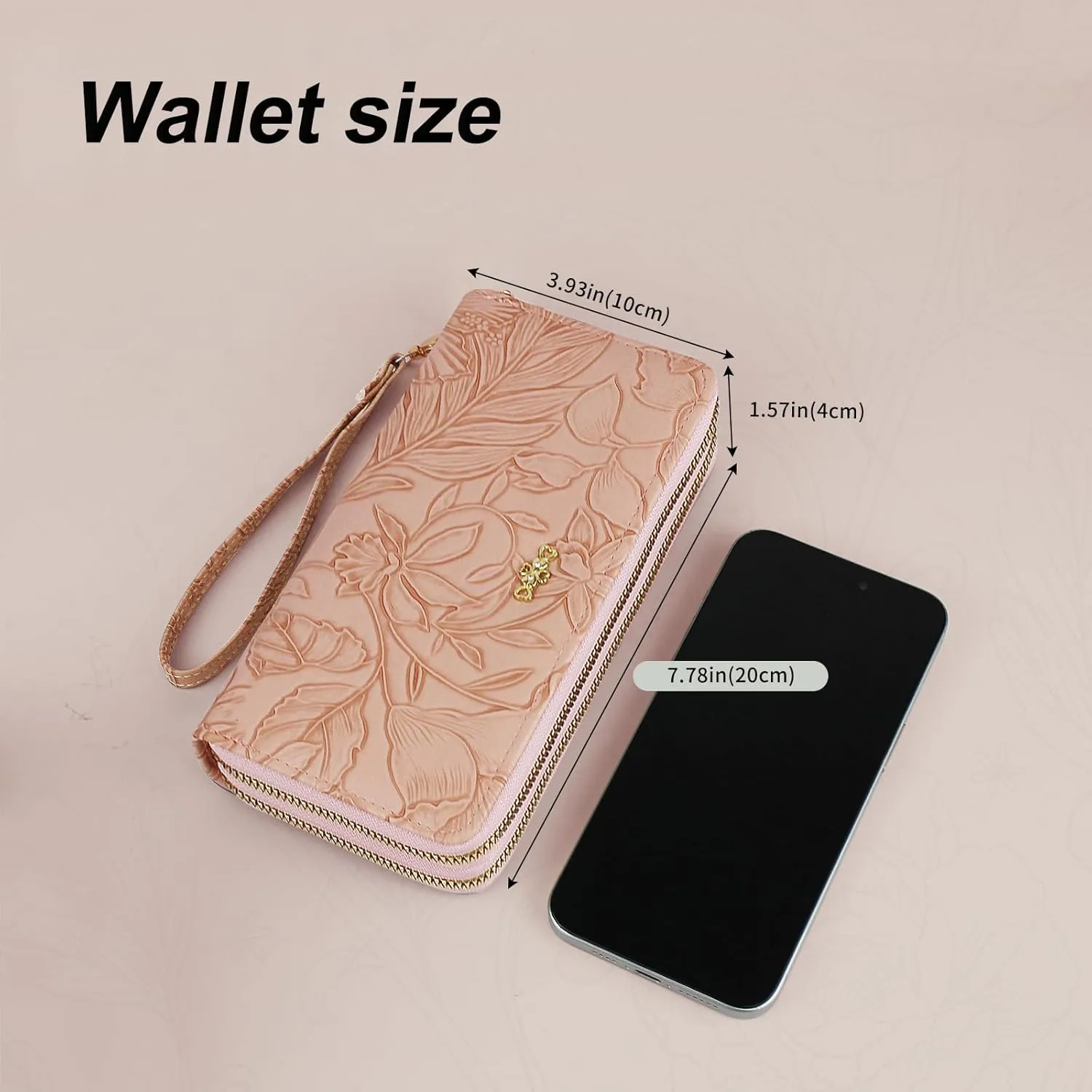 Wallet Women, Large Capacity Double Zip Clutch Wallets for Women PU Leather Credit Card Holder with Wrist Strap (Pink)