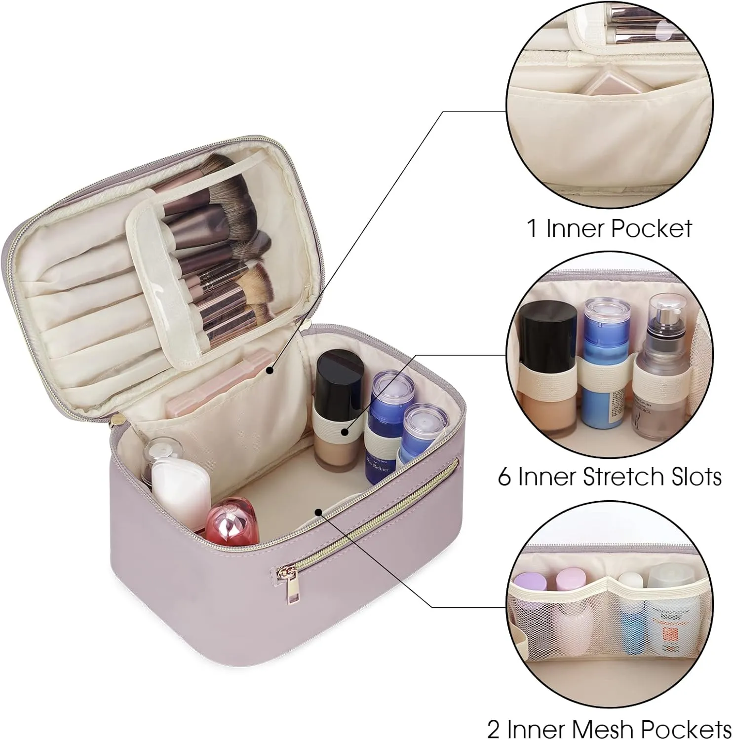 Wandering Nature Makeup Bag, Travel Make Up Organizer Cosmetic Brush Bags Case for Women in Vegan Leather, Purple, Patent Pending