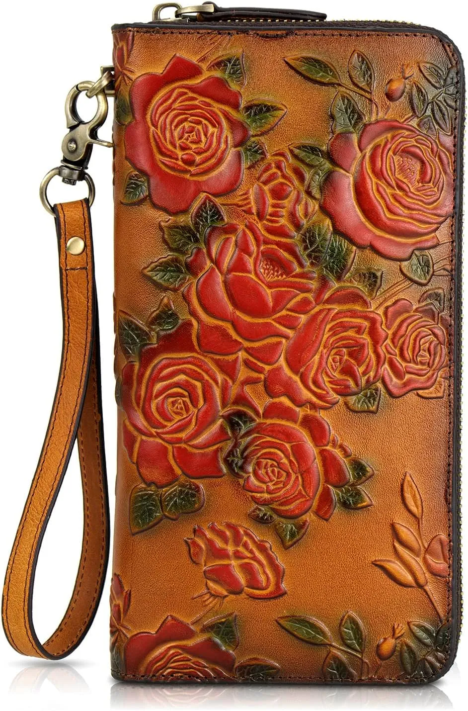 Womens RFID Blocking Wallet Leather Large Capacity Credit Card Phone Clutch With Detachable Hand Strap
