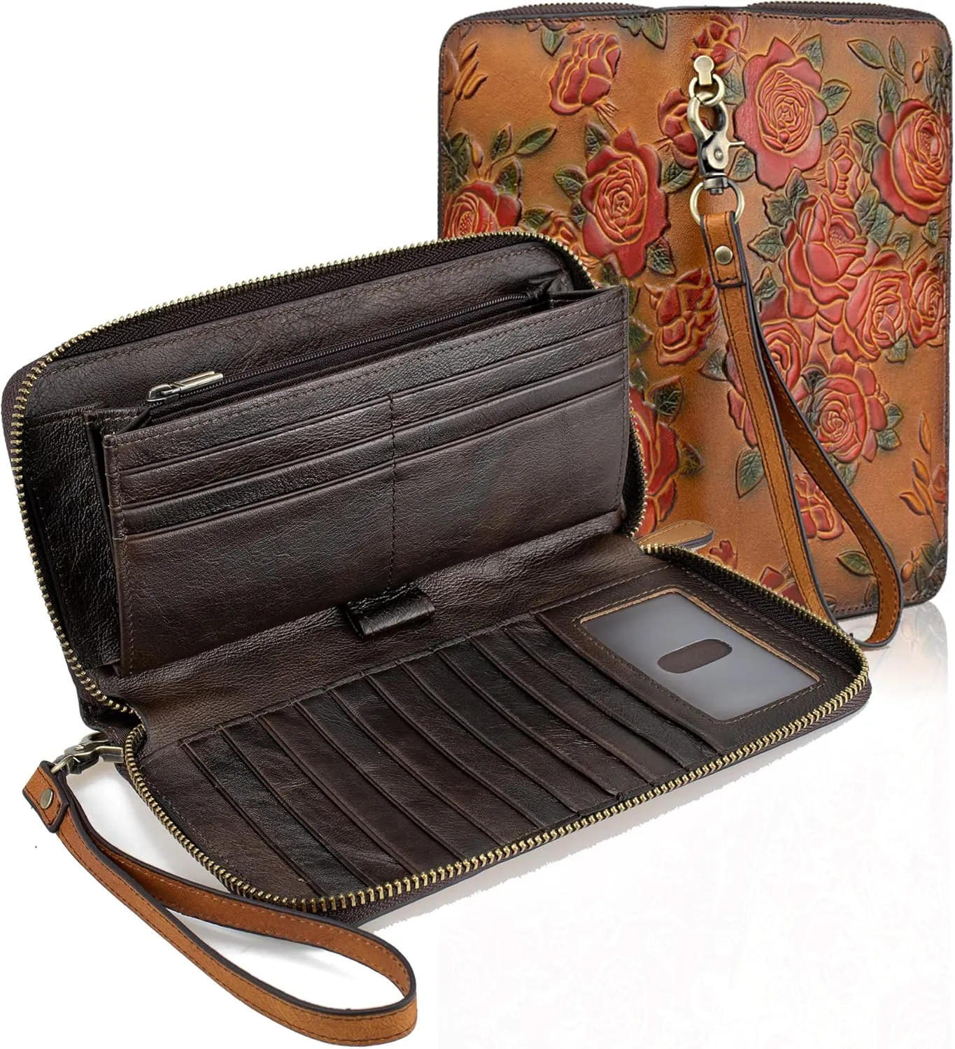 Womens RFID Blocking Wallet Leather Large Capacity Credit Card Phone Clutch With Detachable Hand Strap