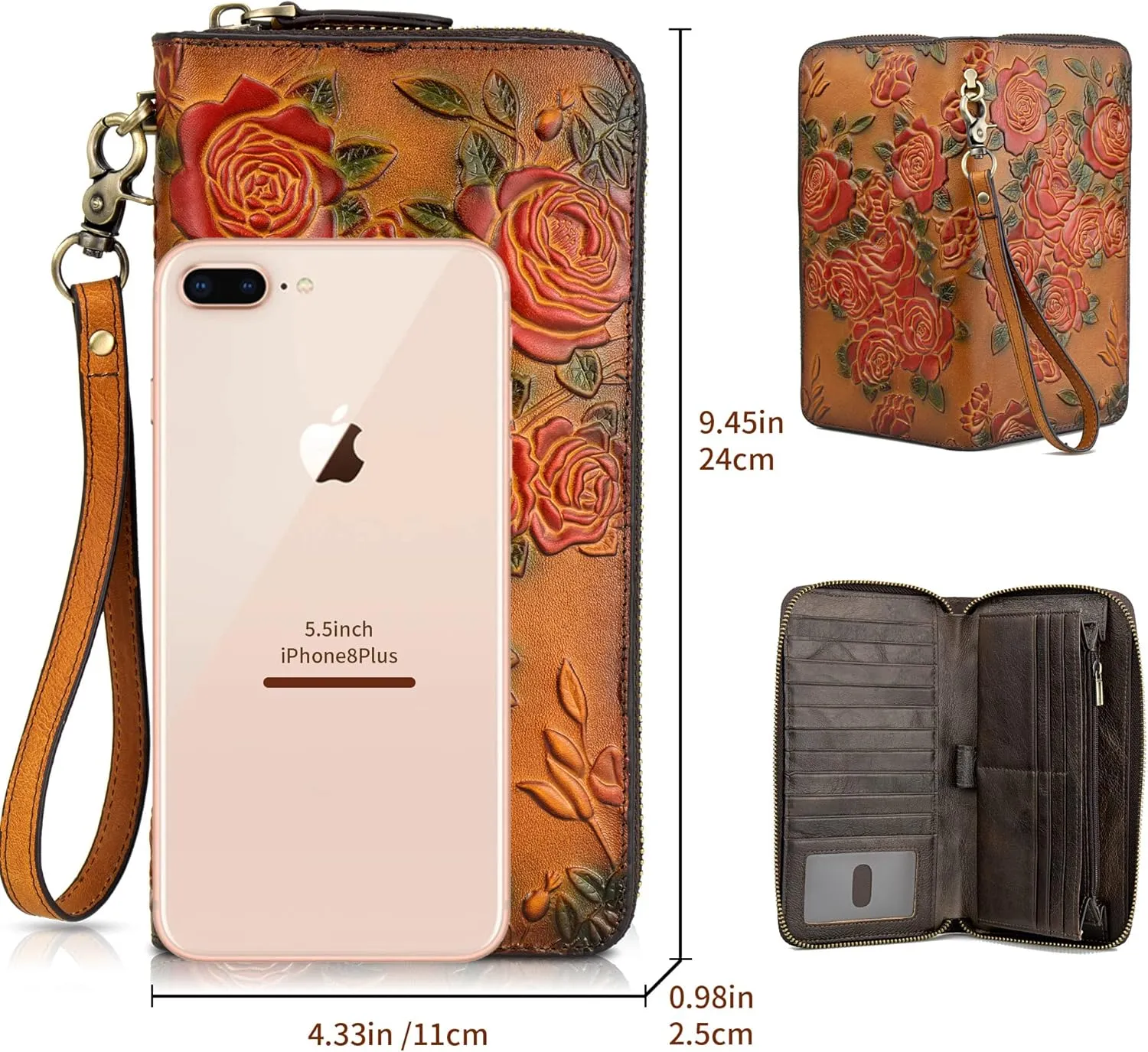 Womens RFID Blocking Wallet Leather Large Capacity Credit Card Phone Clutch With Detachable Hand Strap
