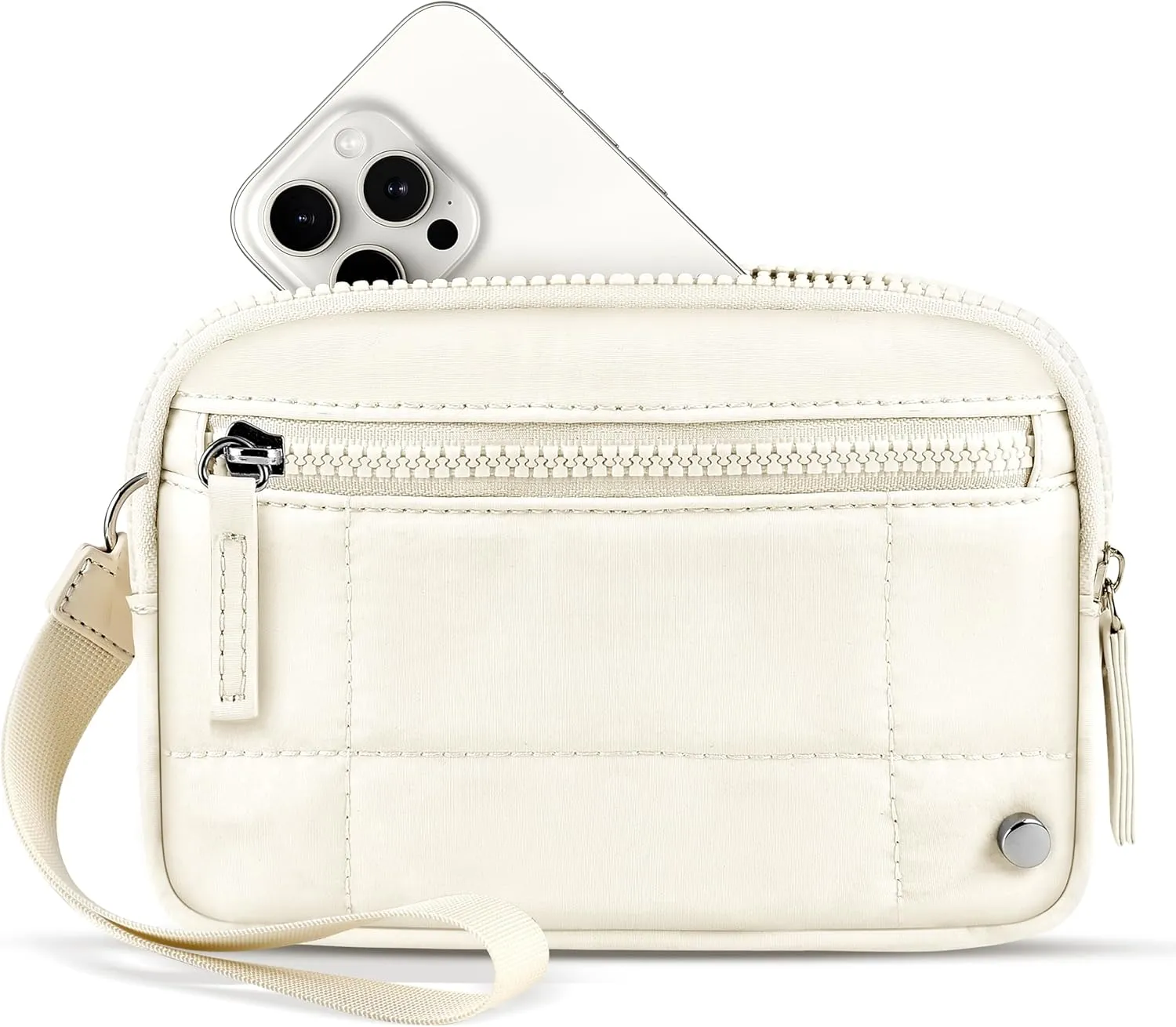 Wristlet Wallet for Women Small Nylon Quilted Wallet Portable Mini Zipper Beige Wrist Strap Pouch with 3 Zipper Purse for Travel Phone Holder Credit Card Case Organizer with Clear ID Window