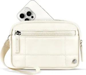 Wristlet Wallet for Women Small Nylon Quilted Wallet Portable Mini Zipper Beige Wrist Strap Pouch with 3 Zipper Purse for Travel Phone Holder Credit Card Case Organizer with Clear ID Window